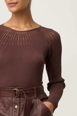 Load image into Gallery viewer, Once Was - Rhiannon Viscose Nylon Sheer Neckline Detail Knit Top - Mocha