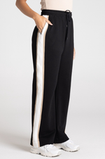 Load image into Gallery viewer, Two T's - Track Pant With Contrast Stripe Trim - Black With Oat Ivory Stripe