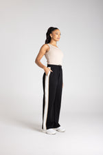 Load image into Gallery viewer, Two T's - Track Pant With Contrast Stripe Trim - Black With Oat Ivory Stripe