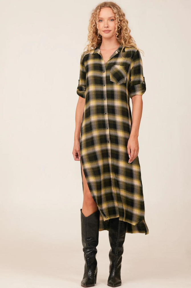 Bella Dahl - Rolled Sleeve Duster Dress - Green And Black Plaid
