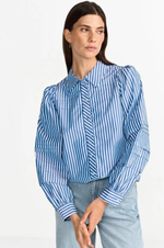 Load image into Gallery viewer, Rich And Royal - Striped Blouse With Pin Tucks - Skyway Blue
