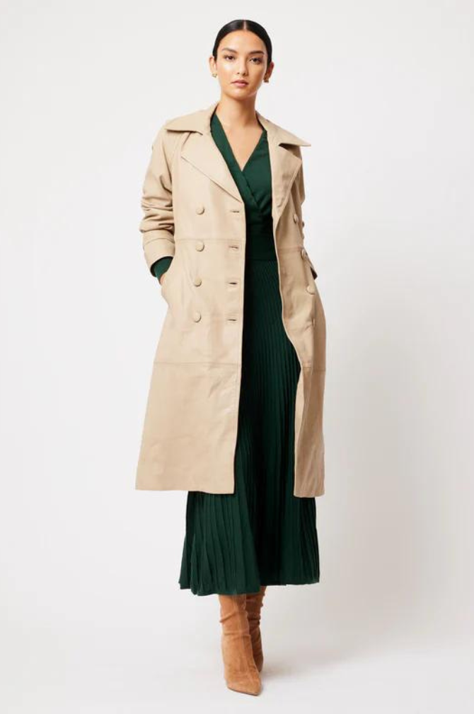 Once Was - Astra Raglan Sleeve Detailed Leather Trench Coat - Oatmeal