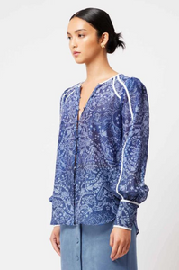 Once Was - Atlas Cotton Silk Round Neck Shirt With Curve Binding Detail - Zodiac Print
