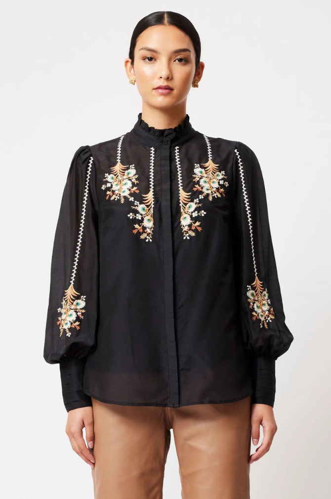 Once Was - Florence Cotton Silk Gathered Collar Embroidered Button Shirt - Black