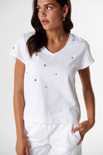 Load image into Gallery viewer, Cloth Paper Scissors - The Irregular Embroidered V Neck T Shirt - White/Navy
