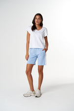 Load image into Gallery viewer, Cloth Paper Scissors - The Irregular Embroidered V Neck T Shirt - White/Blue

