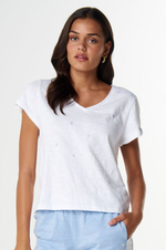 Load image into Gallery viewer, Cloth Paper Scissors - The Irregular Embroidered V Neck T Shirt - White/Blue
