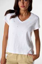Load image into Gallery viewer, Cloth Paper Scissors -  The Irregular Embroidered V Neck T Shirt - White/Safari
