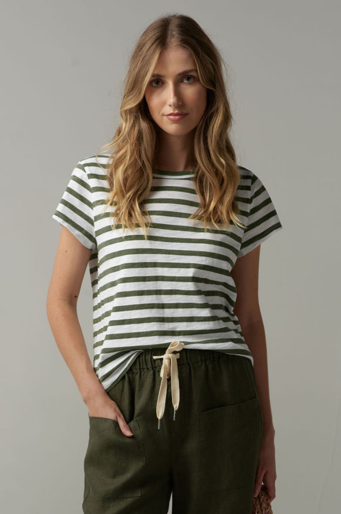Cloth Paper Scissors - Stripe Basic Tee - White/Fairway Green