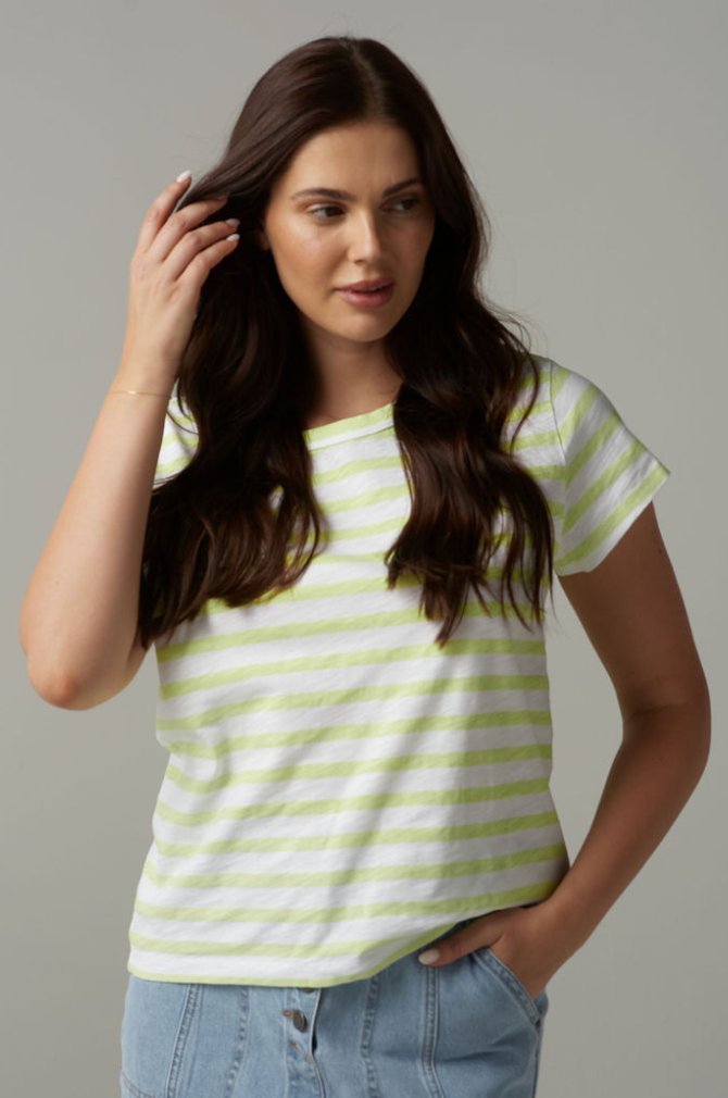 Cloth Paper Scissors - Stripe Basic Tee - White/Lime