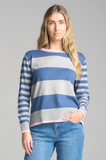 Load image into Gallery viewer, Cloth Paper Scissors. - Stripe Preppy Crew Neck Knit - Denim/Grey/Pink
