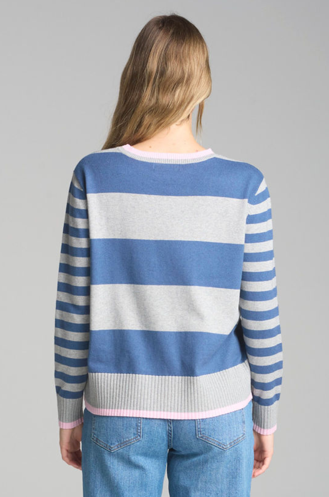 Cloth Paper Scissors. - Stripe Preppy Crew Neck Knit - Denim/Grey/Pink