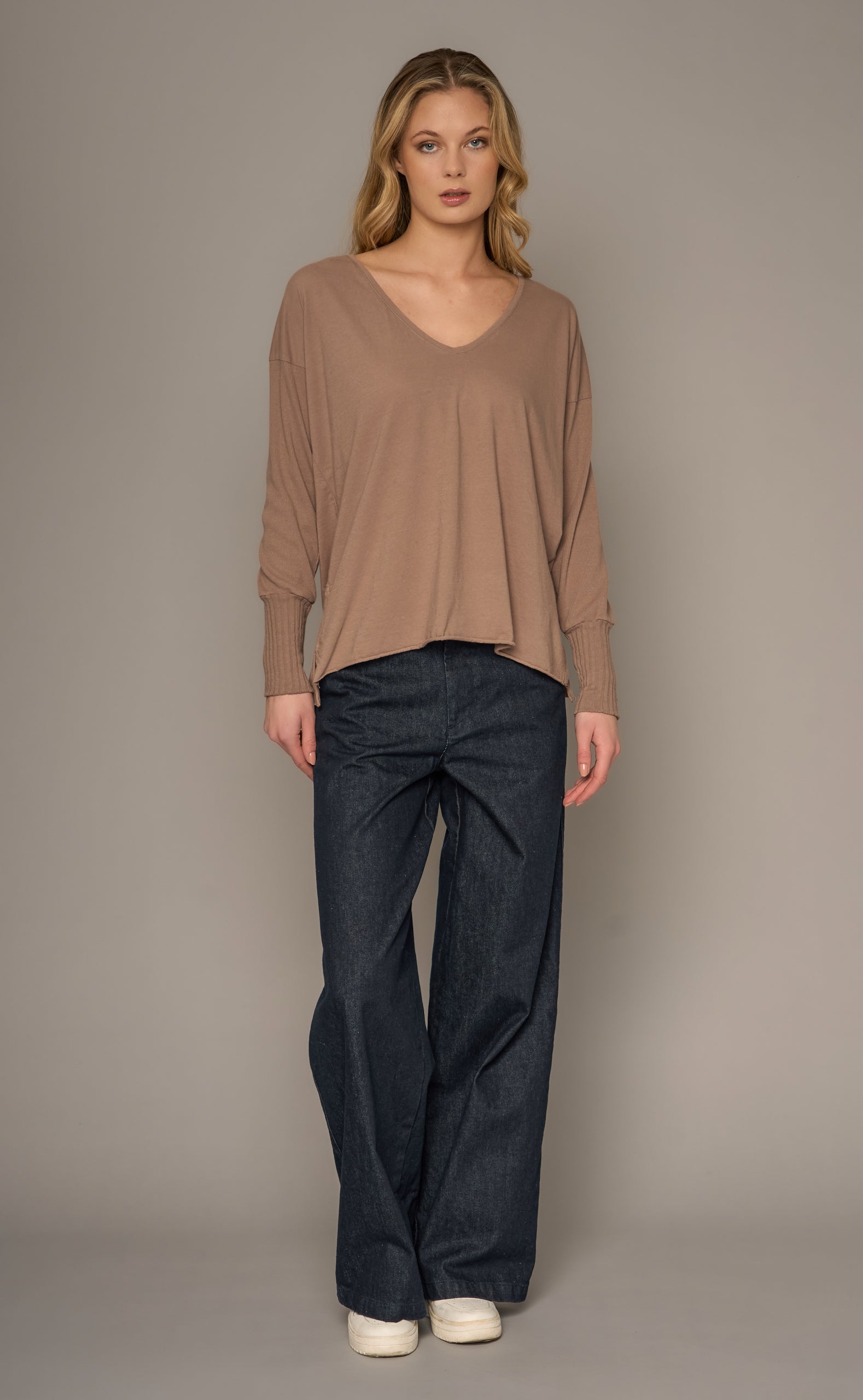 Crossley - Clovil Long Sleeve V Neck Cotton Top - Denim