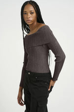 Load image into Gallery viewer, Gestuz - SilviGZ Rib Long Sleeve Off Shoulder Top - Warm Grey Metallic
