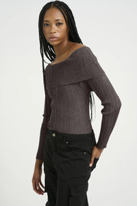 Gestuz - SilviGZ Rib Long Sleeve Off Shoulder Top - Warm Grey Metallic