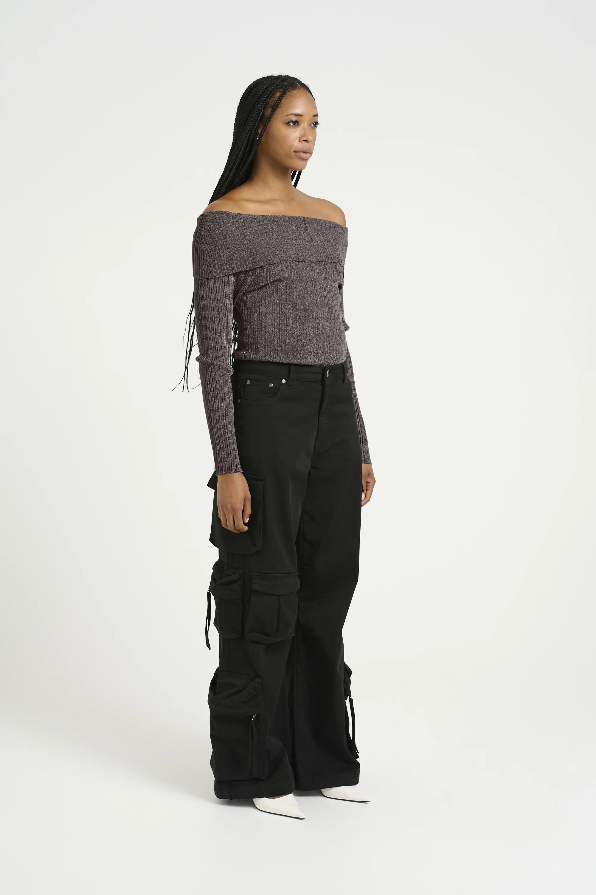 Gestuz - SilviGZ Rib Long Sleeve Off Shoulder Top - Warm Grey Metallic