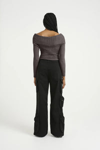 Gestuz - SilviGZ Rib Long Sleeve Off Shoulder Top - Warm Grey Metallic