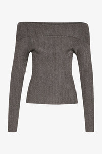 Gestuz - SilviGZ Rib Long Sleeve Off Shoulder Top - Warm Grey Metallic
