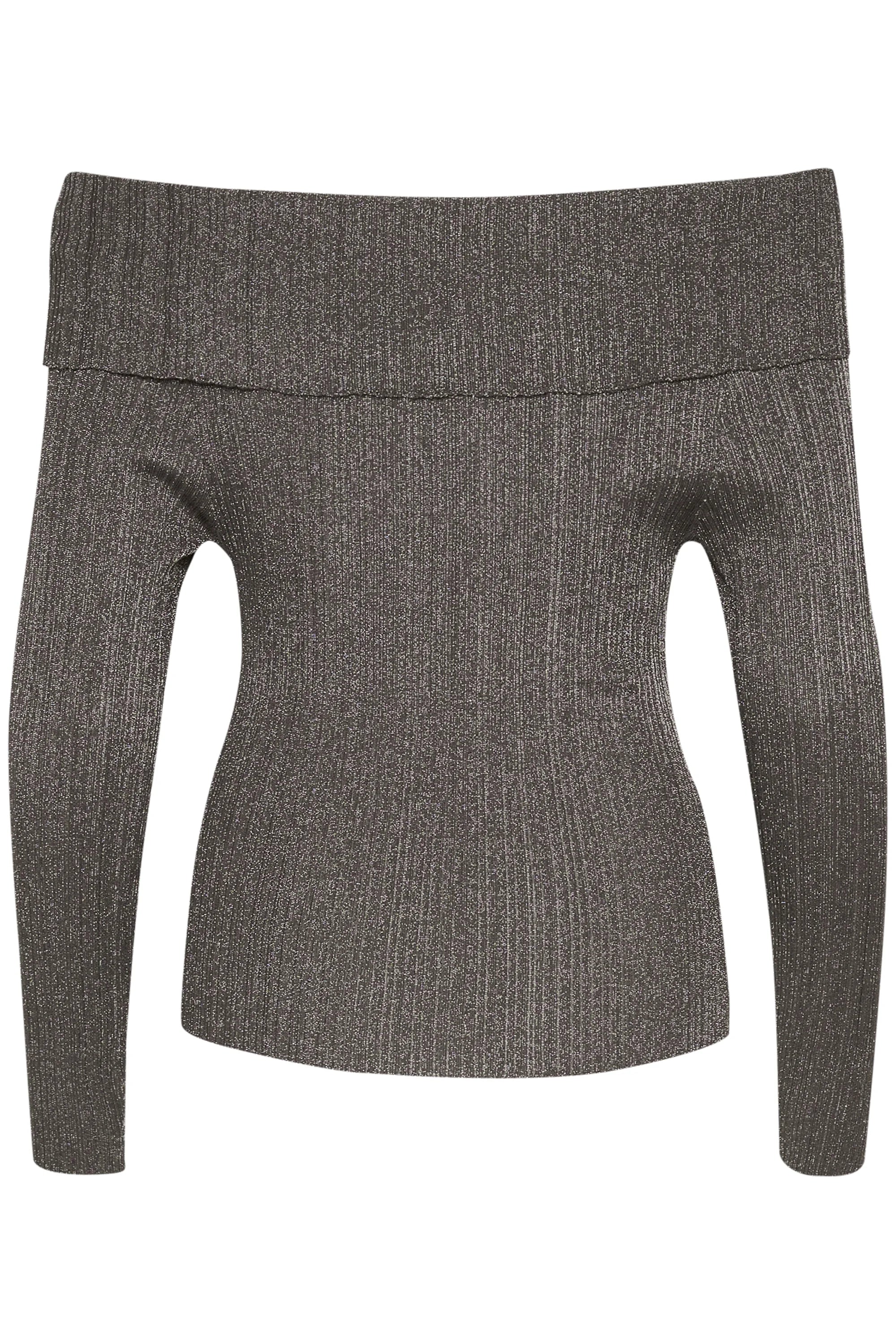 Gestuz - SilviGZ Rib Long Sleeve Off Shoulder Top - Warm Grey Metallic