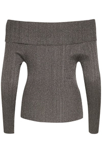 Gestuz - SilviGZ Rib Long Sleeve Off Shoulder Top - Warm Grey Metallic