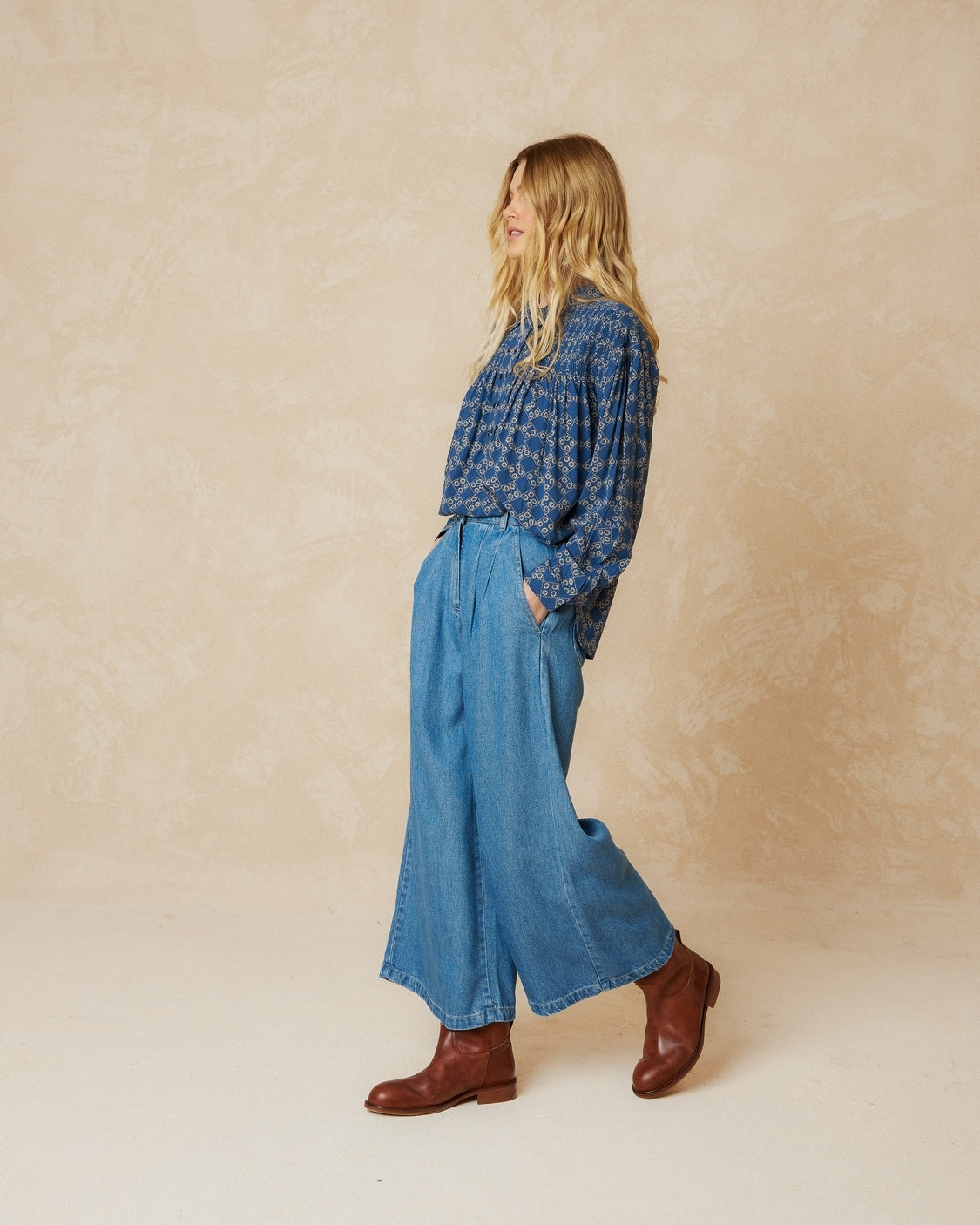 Indi And Cold - Printed Viscose Blouse with Smock Detail - Indigo