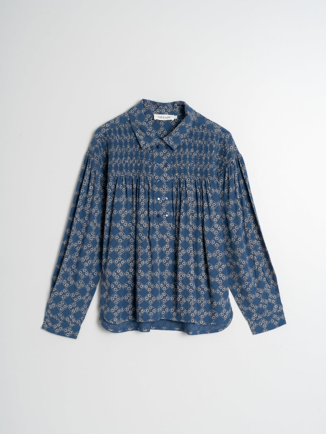 Indi And Cold - Printed Viscose Blouse with Smock Detail - Indigo