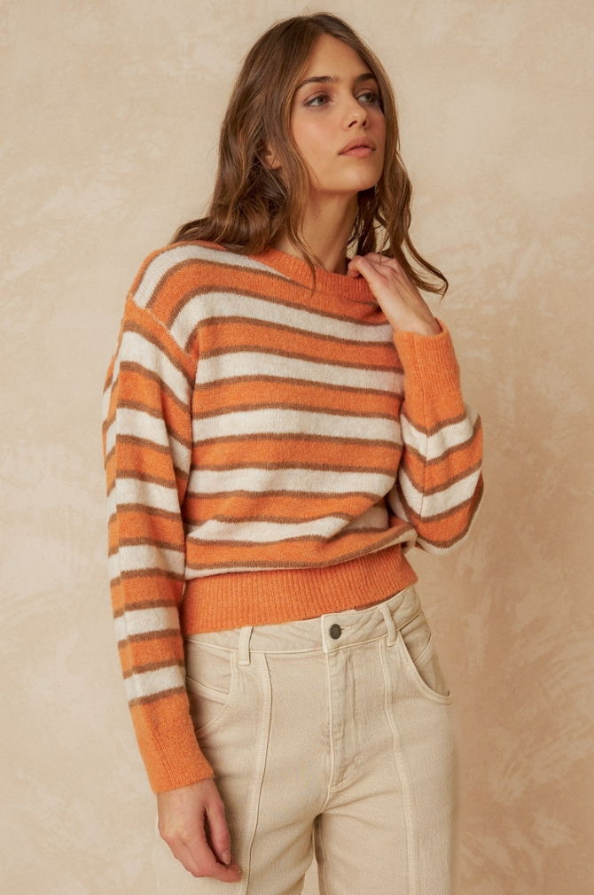 Indi And Cold - Tricolour Striped Boxy Jumper - Orange