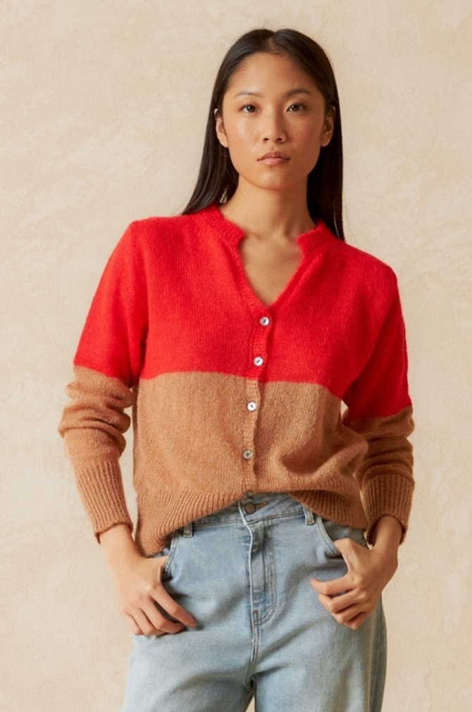 Indi And Cold - Two Tone Knitted Cardigan - Coral
