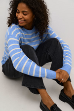 Load image into Gallery viewer, Kaffe - KAlida Knit Pullover - Blue Melange/Beige Stripe
