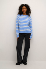 Load image into Gallery viewer, Kaffe - KAlida Knit Pullover - Blue Melange/Beige Stripe
