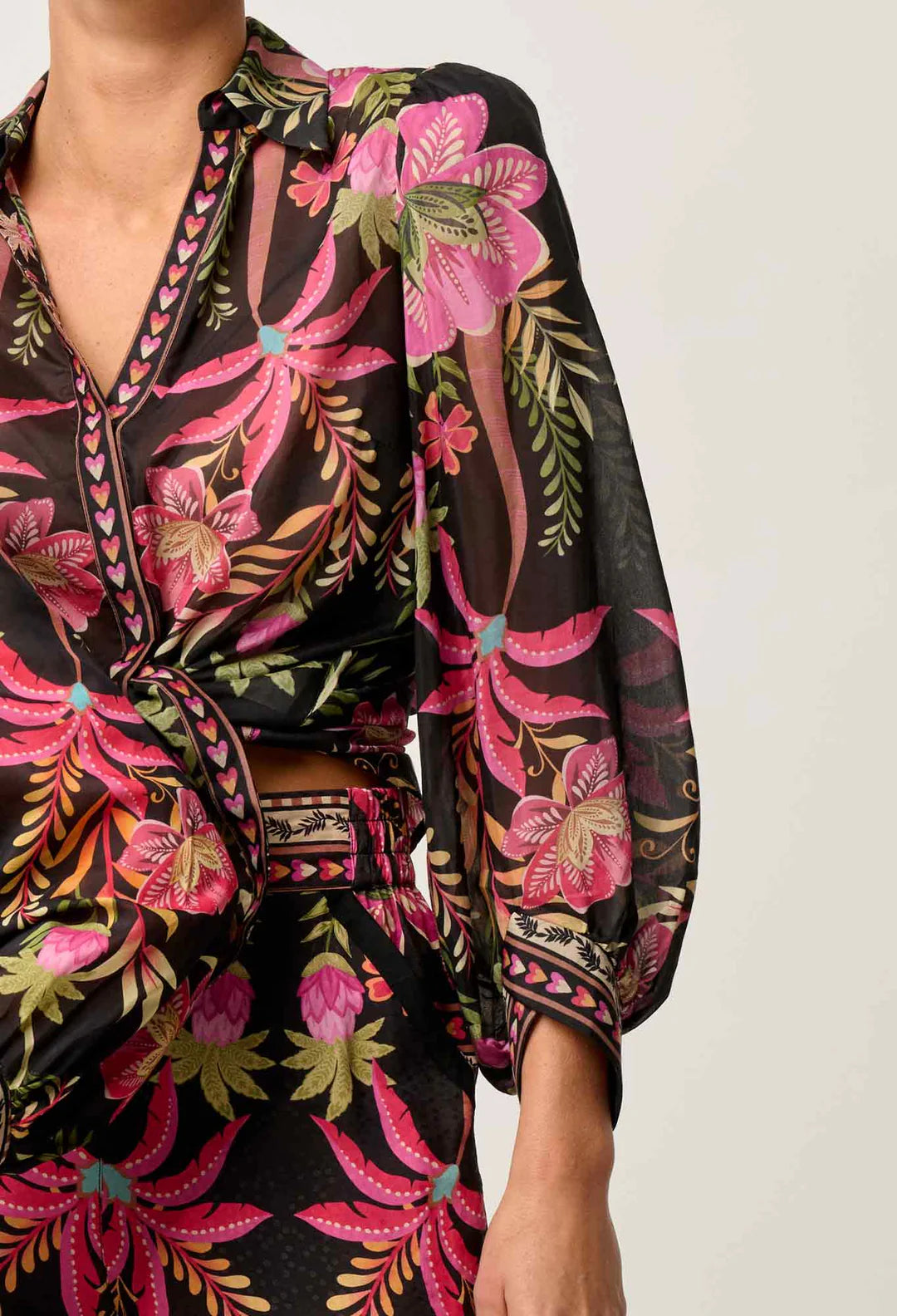 Once Was - Elysian Silk Cotton Placement Print Cuffed Shirt - Anthos Lotos