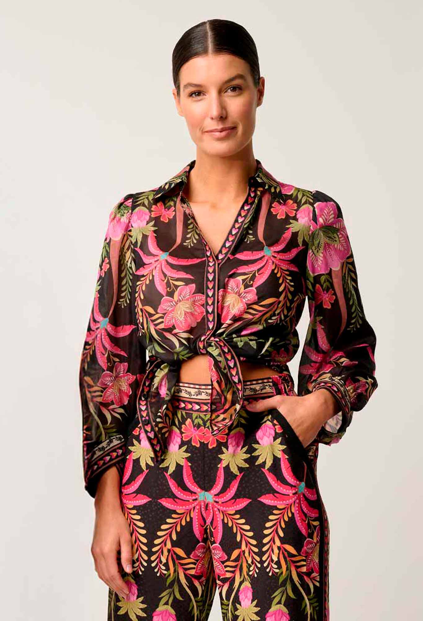 Once Was - Elysian Silk Cotton Placement Print Cuffed Shirt - Anthos Lotos