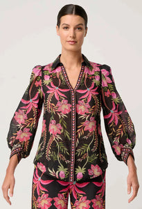 Once Was - Elysian Silk Cotton Placement Print Cuffed Shirt - Anthos Lotos