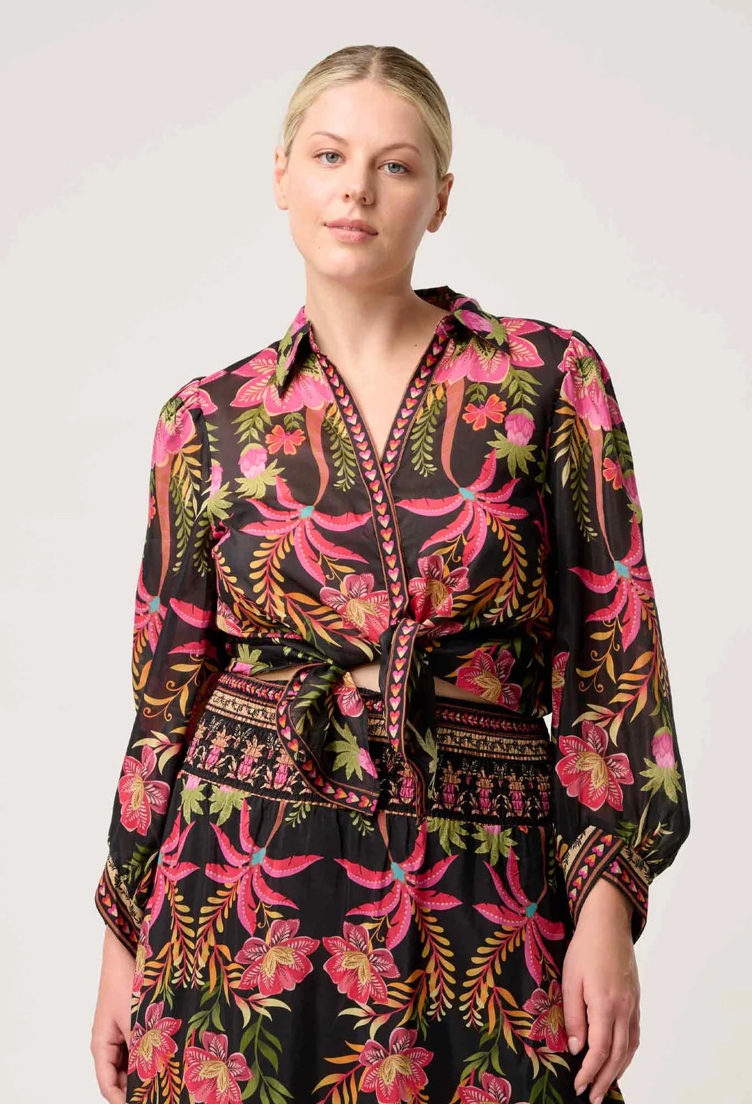 Once Was - Elysian Silk Cotton Placement Print Cuffed Shirt - Anthos Lotos