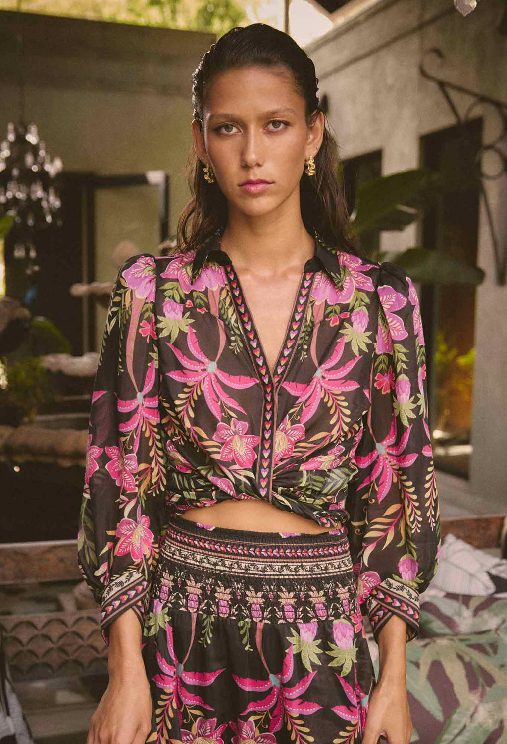 Once Was - Elysian Silk Cotton Placement Print Cuffed Shirt - Anthos Lotos