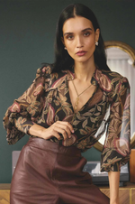 Load image into Gallery viewer, Once Was - Sheer Viscose Blouse with Embellished Neck Detail - Dark Tropique
