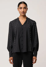 Load image into Gallery viewer, Once Was - Marcela Pearl Embellished Cupro Viscose Stretch Shirt - Black
