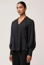 Load image into Gallery viewer, Once Was - Marcela Pearl Embellished Cupro Viscose Stretch Shirt - Black
