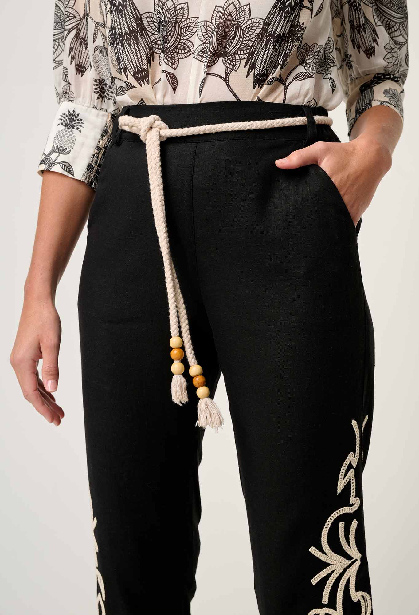 Once Was - Helm Embroidered Linen Viscose Pant - Black