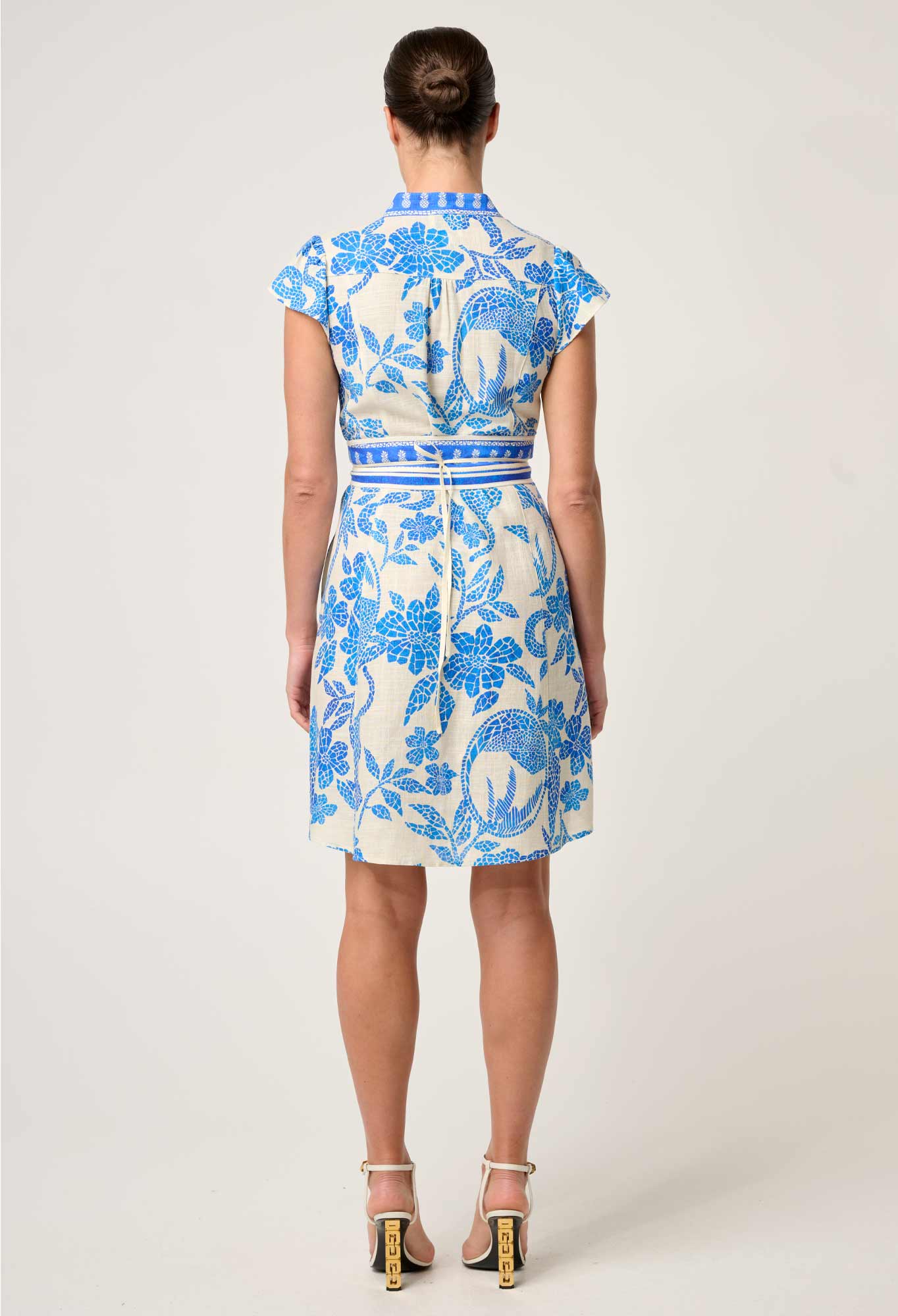 Once Was - Adriana Linen Viscose Embroidered Yoke Dress - Azure Mosaic