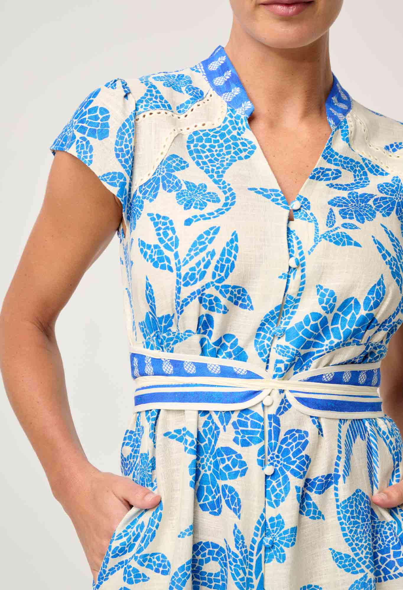 Once Was - Adriana Linen Viscose Embroidered Yoke Dress - Azure Mosaic