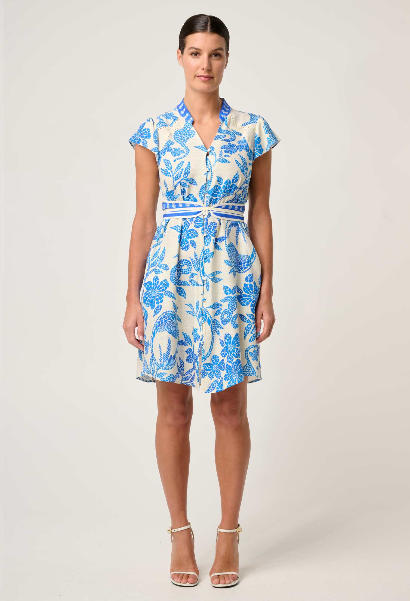 Once Was - Adriana Linen Viscose Embroidered Yoke Dress - Azure Mosaic