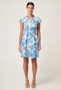 Once Was - Adriana Linen Viscose Embroidered Yoke Dress - Azure Mosaic