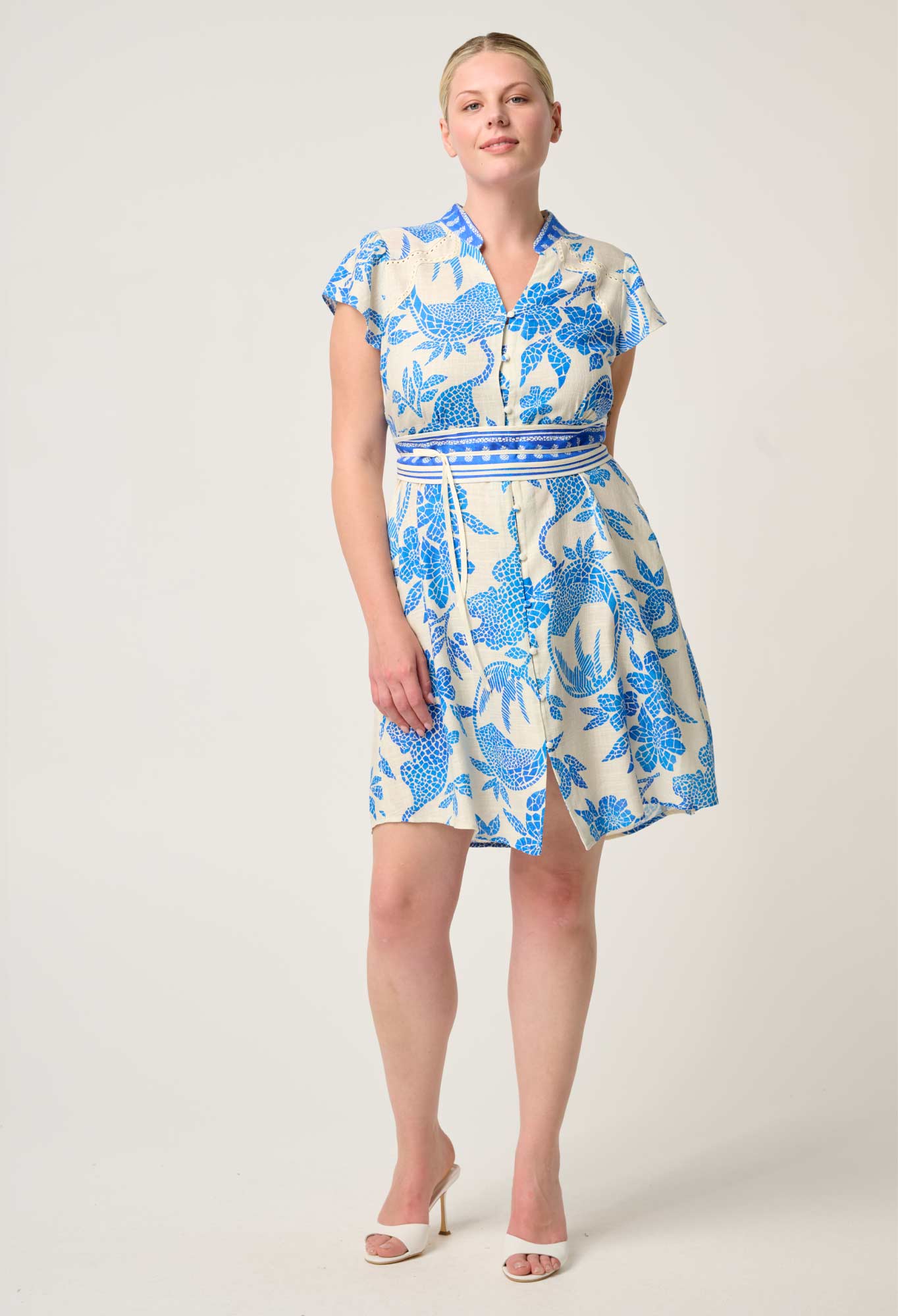 Once Was - Adriana Linen Viscose Embroidered Yoke Dress - Azure Mosaic