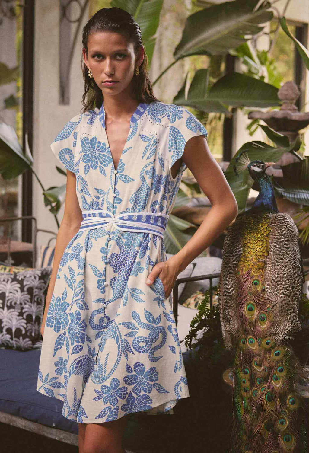 Once Was - Adriana Linen Viscose Embroidered Yoke Dress - Azure Mosaic
