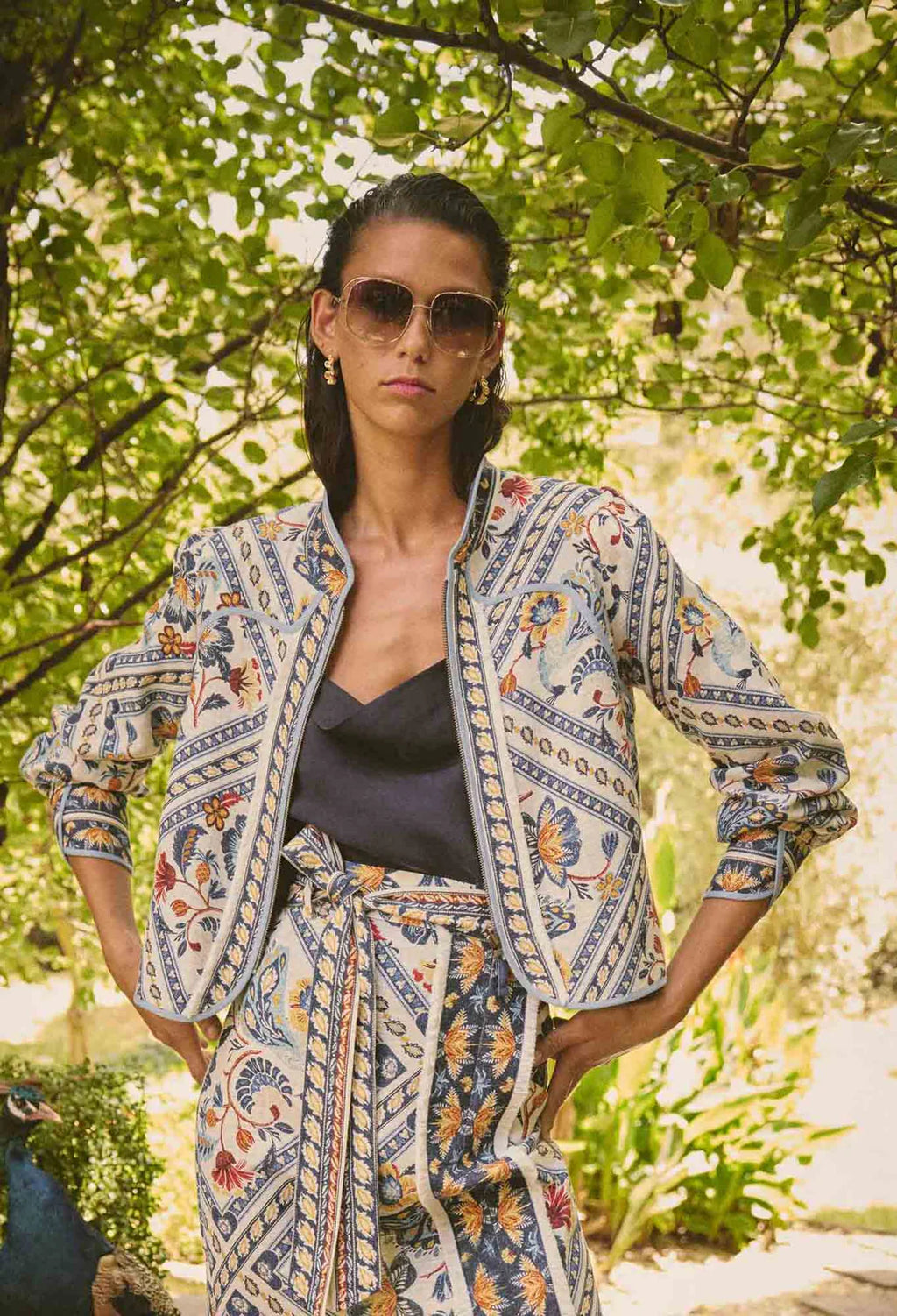 Once Was - Aurora Reversible Linen Viscose Tencel Fringe Jacket - Petinos Floros/Blue Ash