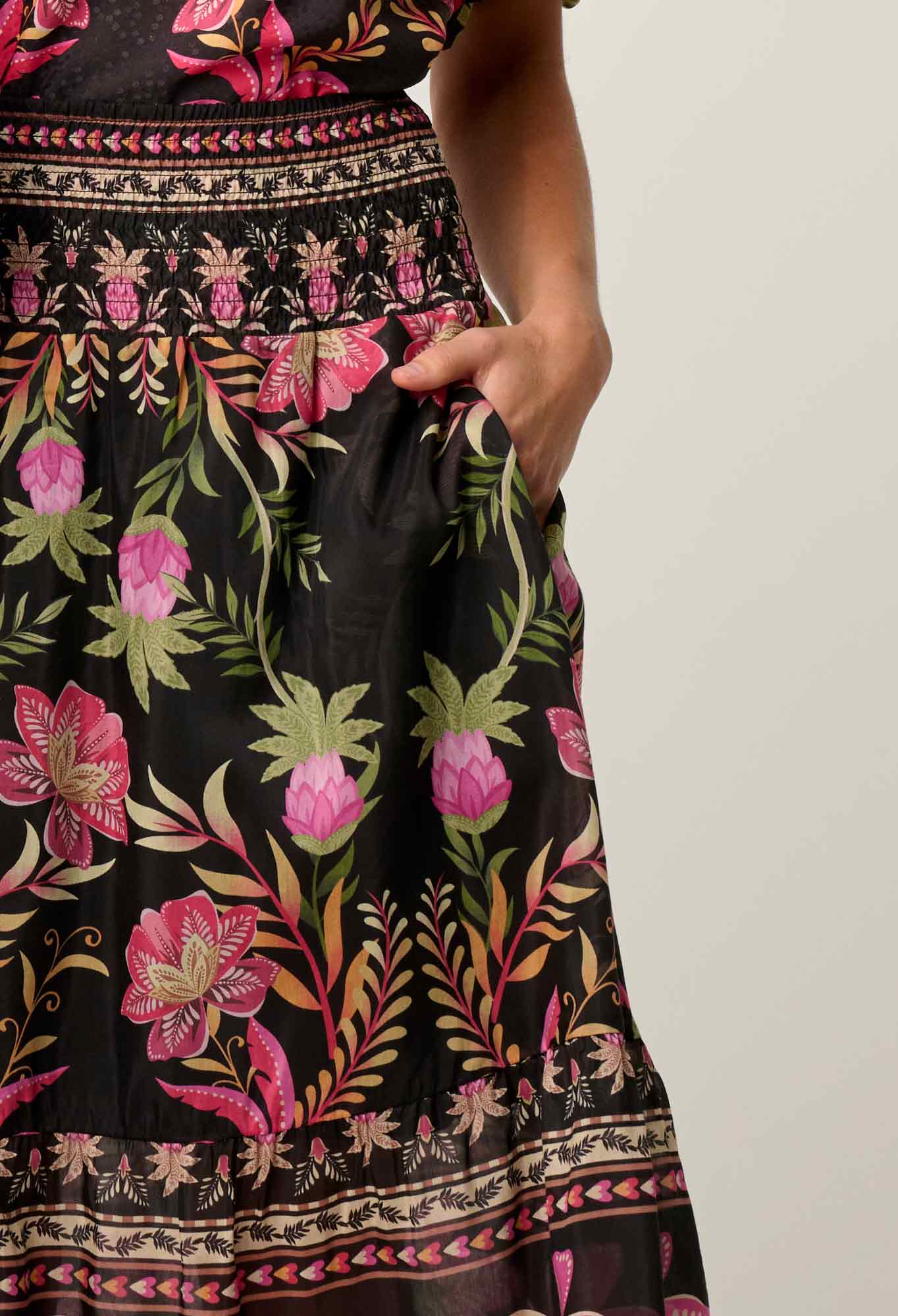 Once Was - Cordelia Placement Print Shirred Waist Silk Cotton Skirt - Anthos Lotos