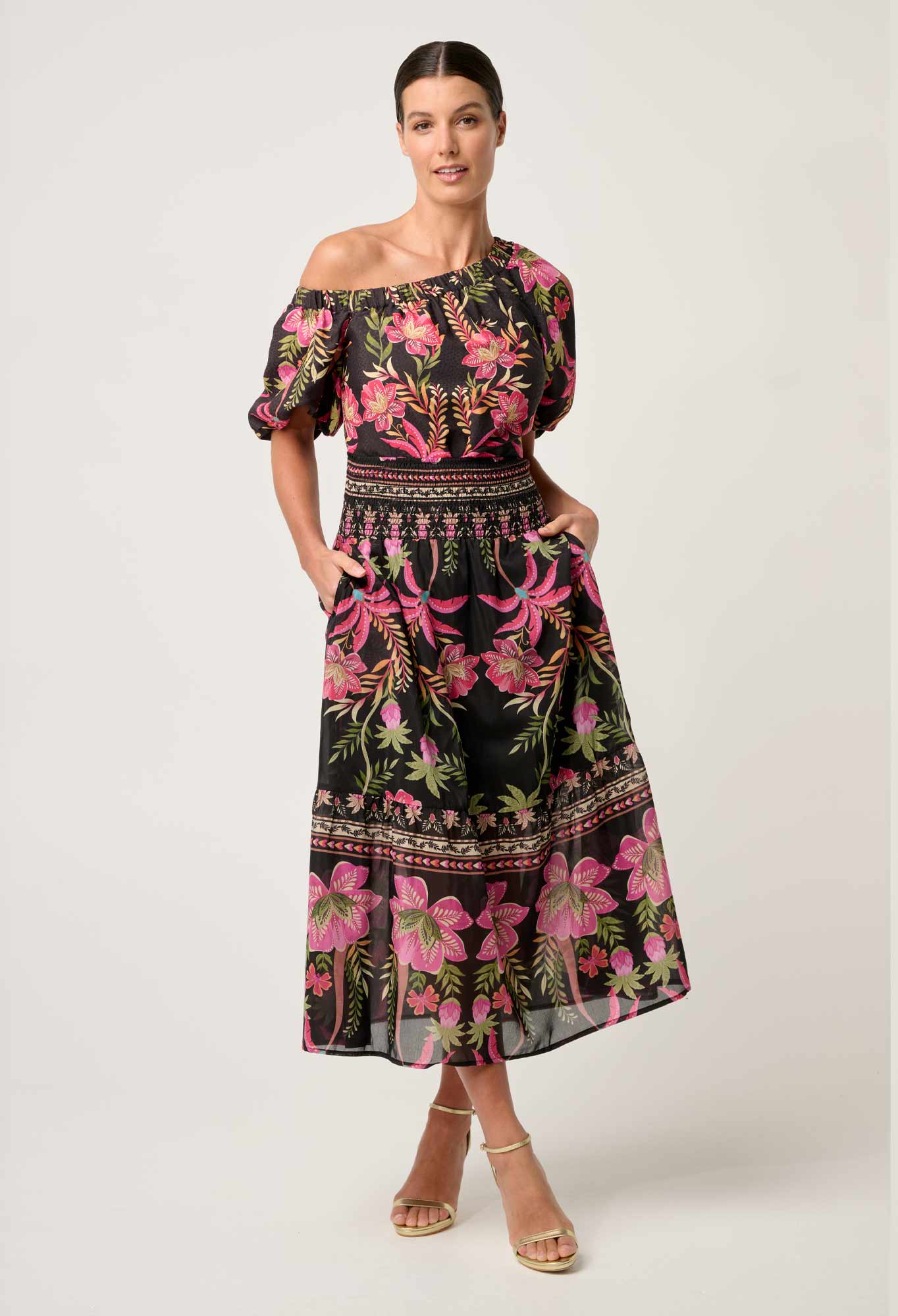 Once Was - Cordelia Placement Print Shirred Waist Silk Cotton Skirt - Anthos Lotos