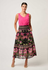 Once Was - Cordelia Placement Print Shirred Waist Silk Cotton Skirt - Anthos Lotos