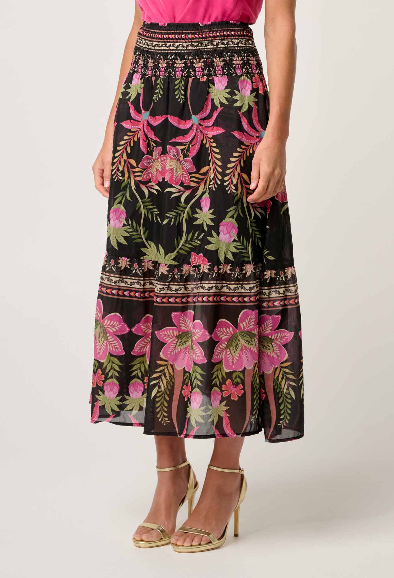 Once Was - Cordelia Placement Print Shirred Waist Silk Cotton Skirt - Anthos Lotos